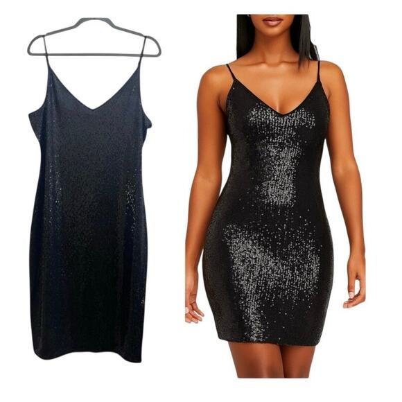 Bebe New Black Sequin Spaghetti Strap Bodycon Mini Dress Size XL - Picture 11 of 11